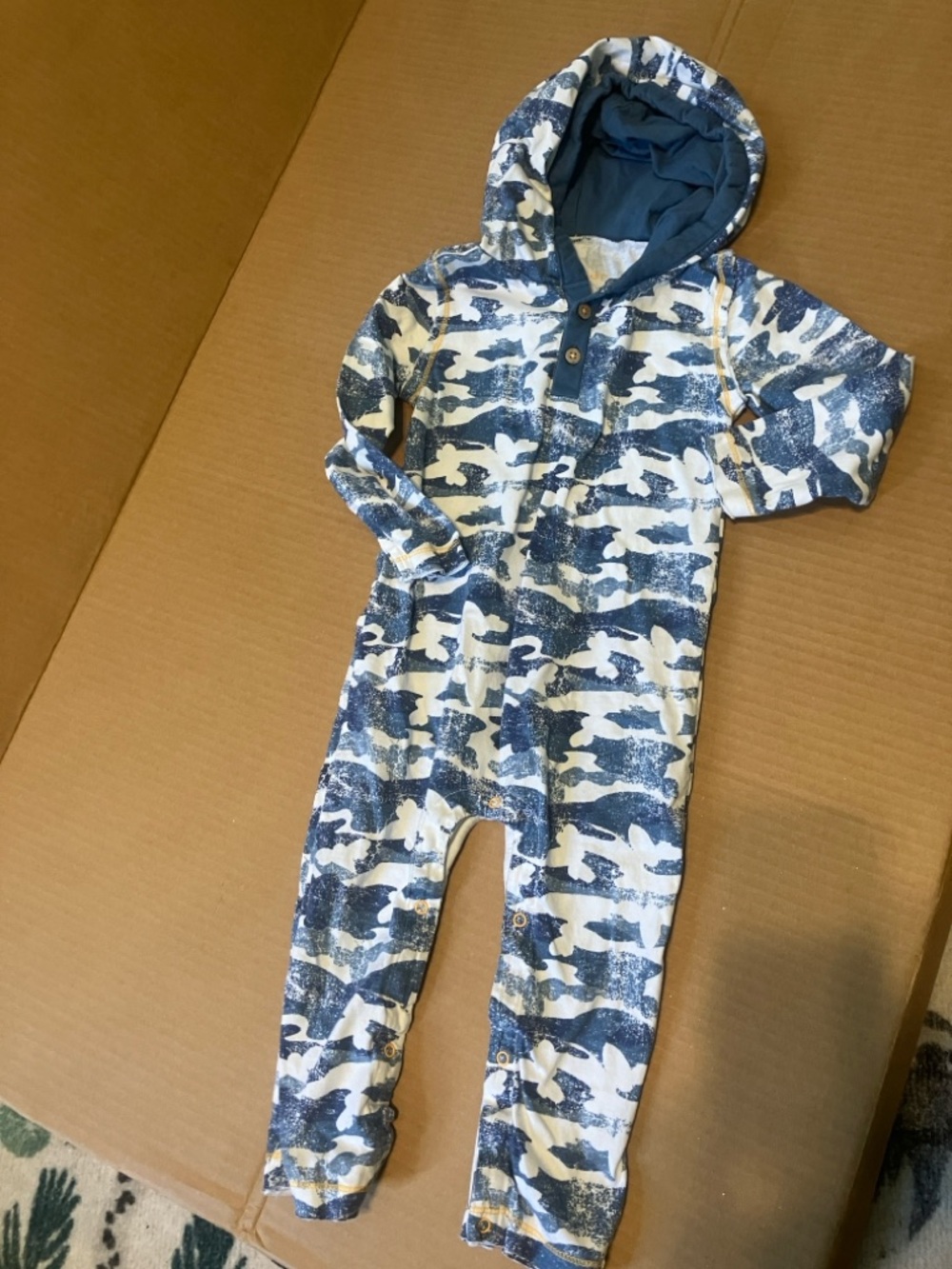 Burt’s Bees Blue and White Long Sleeve Pant Romper with Hood and Crotch Snaps